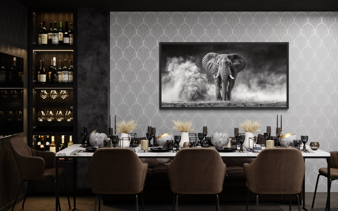 Black and white framed canvas print of an elephant in savanna dust for rustic home decor.