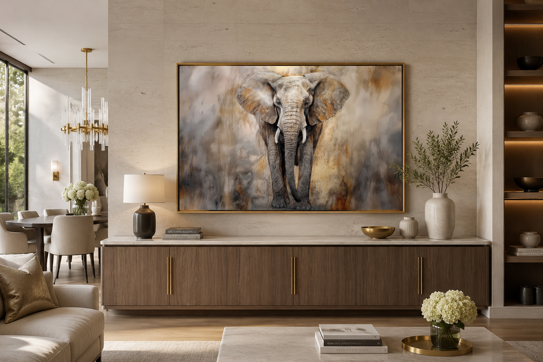 Extra large abstract canvas wall art of an African elephant in a modern neutral living room.