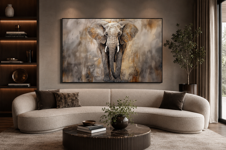 Extra large abstract canvas wall art of an African elephant in a modern neutral living room.