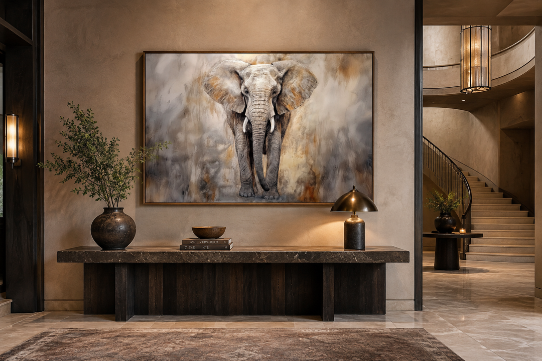 Extra large abstract canvas wall art of an African elephant in warm neutral tones above a console.