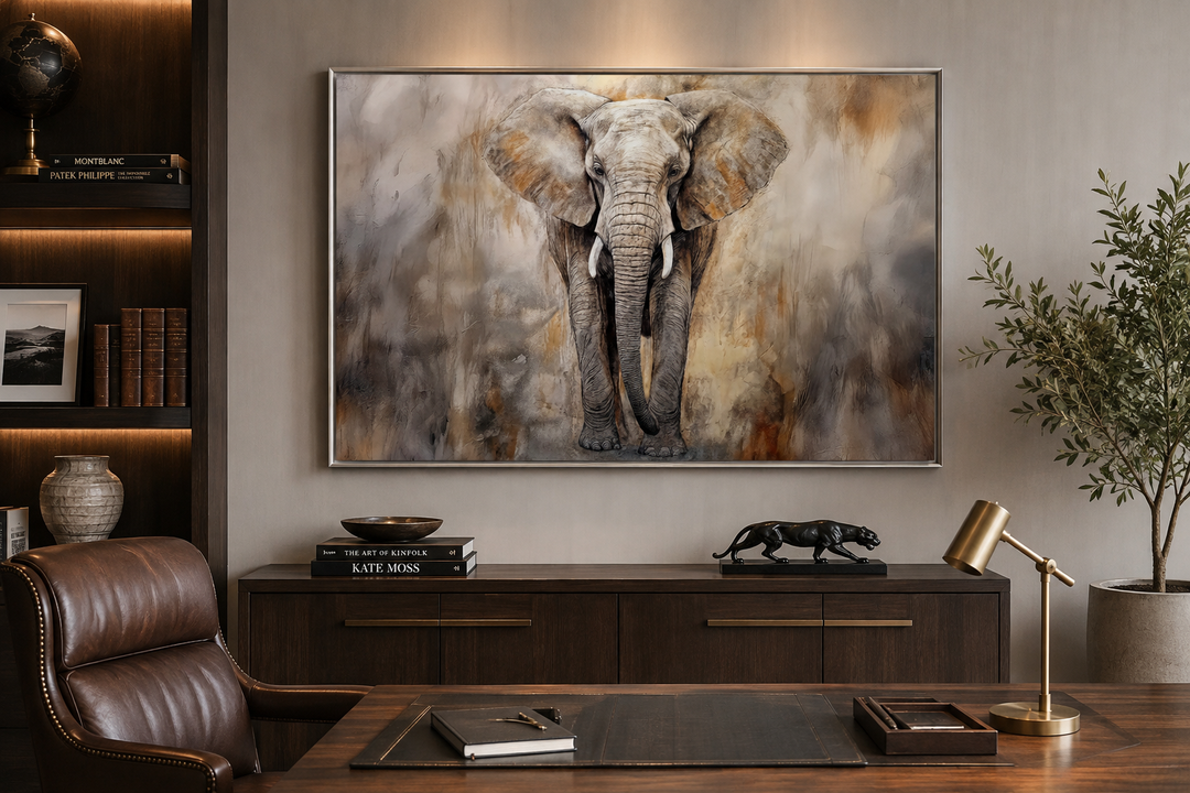 Extra large abstract canvas wall art of an African elephant in a modern office setting.