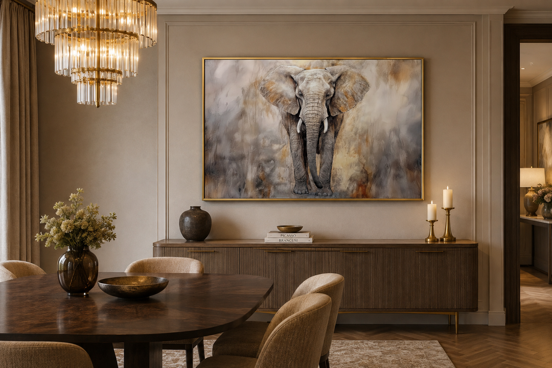 Extra large abstract canvas wall art of an African elephant in a neutral-toned dining room.