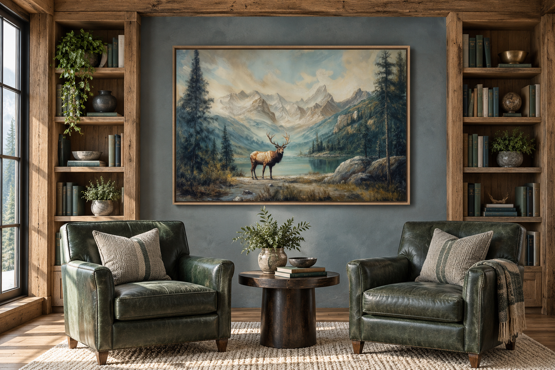 Antique framed canvas wall art of an elk by a lake in a mountain landscape above two green chairs.