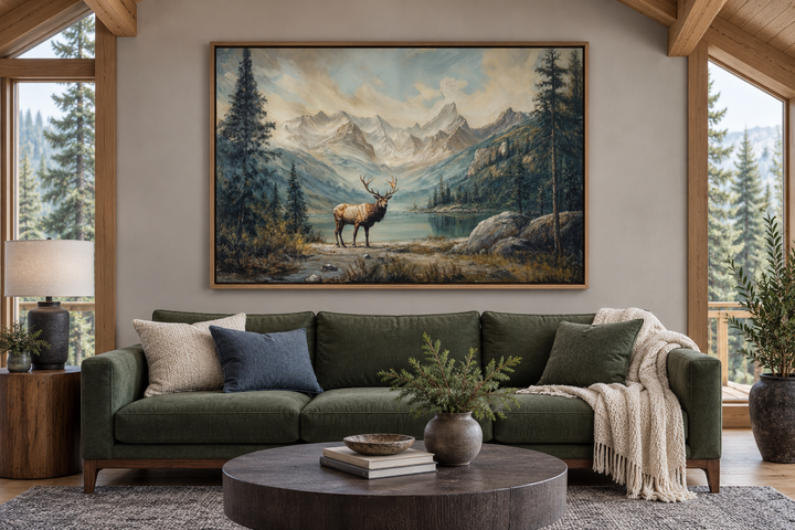 Antique framed canvas wall art of an elk by a lake and mountains above a green sofa in a cabin.