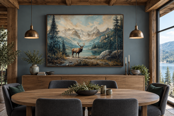 Antique framed canvas wall art of an elk by a lake and mountains in a rustic dining room.