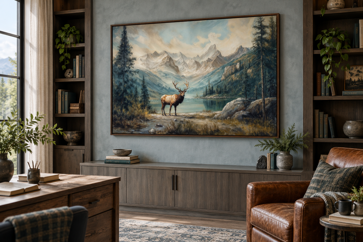 Antique framed canvas wall art of an elk by a mountain lake in a rustic cabin study.