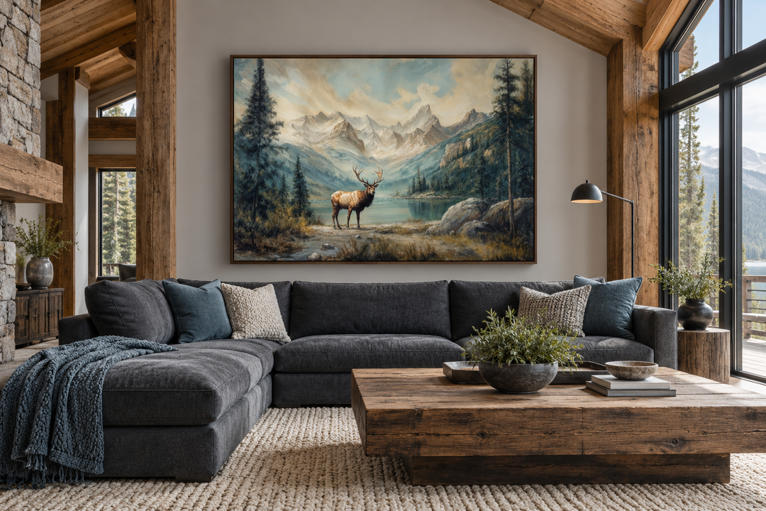 Antique framed canvas wall art of an elk by a lake in a mountain landscape above a gray sectional.