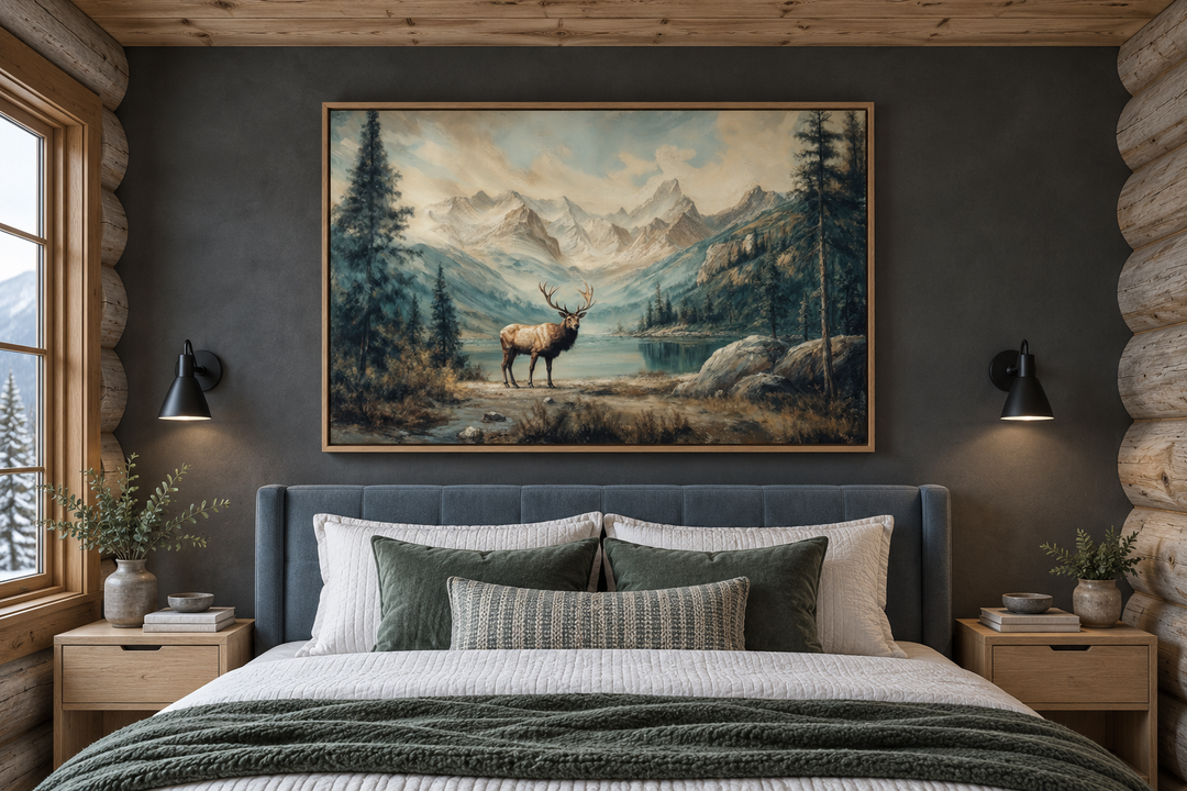 Elk by the lake antique framed canvas wall art hanging above a bed in a rustic cabin bedroom.