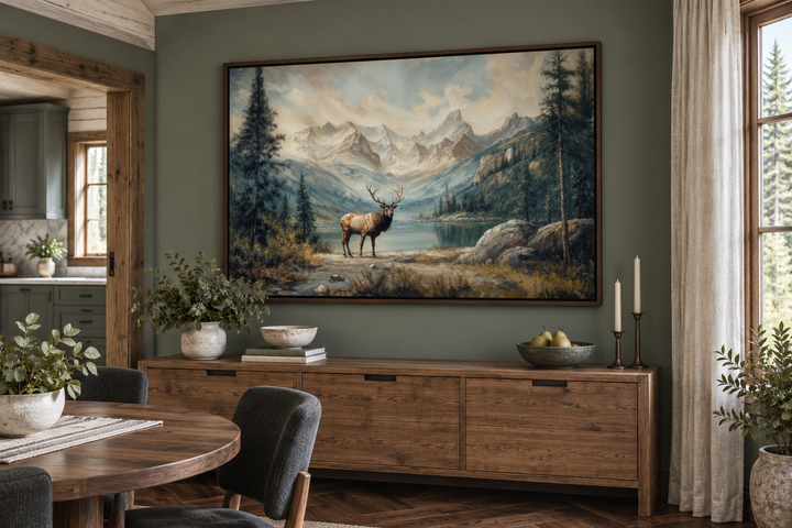 Antique framed canvas wall art of an elk by a mountain lake in a rustic cabin dining room.