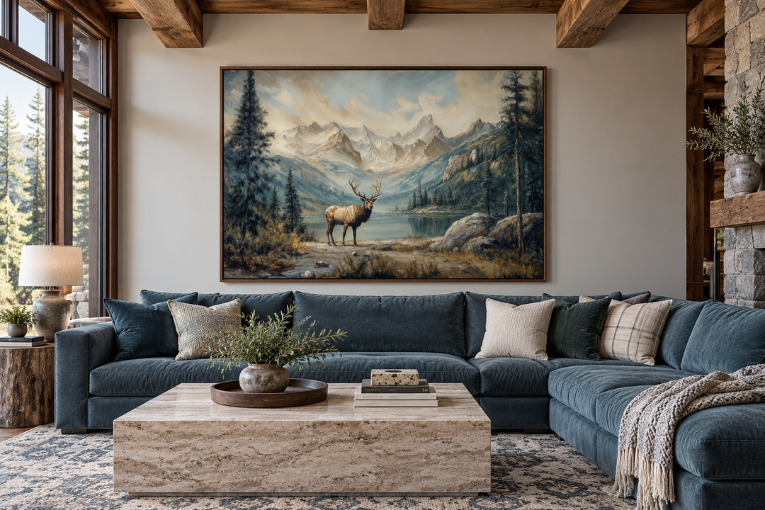 Antique framed canvas wall art of an elk by a lake in a mountain landscape above a blue sectional.