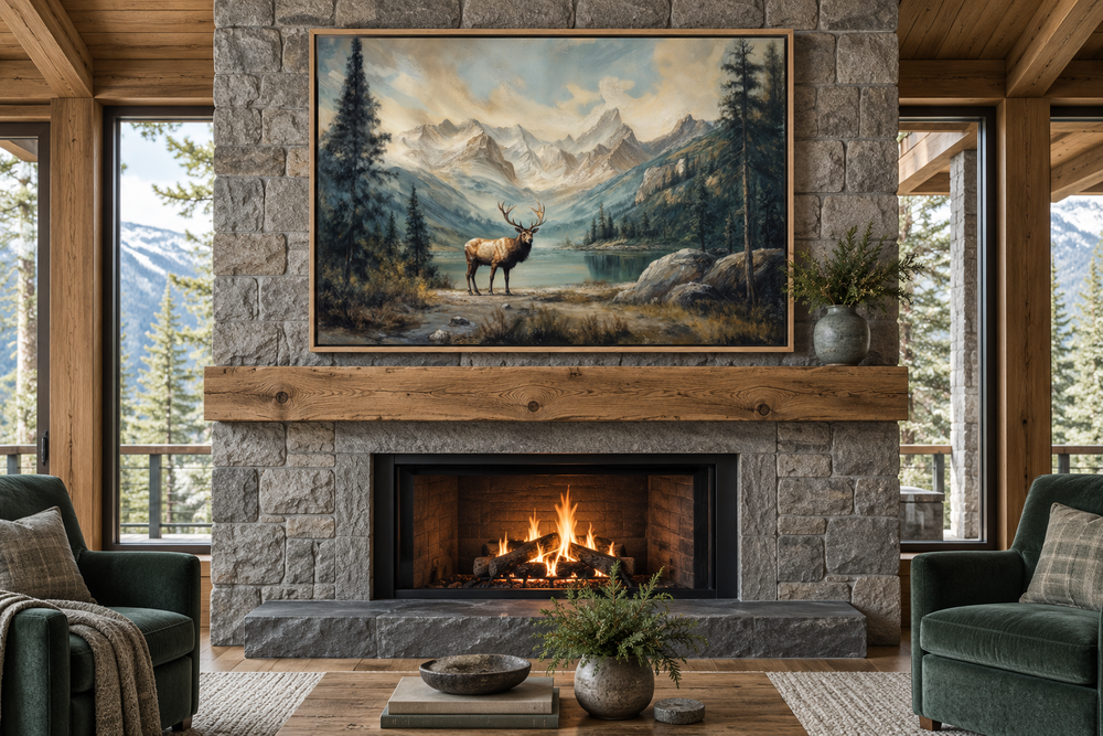 Elk by the lake antique framed canvas wall art displayed above a rustic stone fireplace in a cabin.
