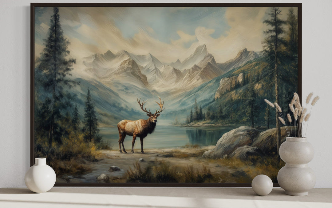 Elk By The Lake In Nature Antique Framed Canvas Wall Art For Cabin Decor