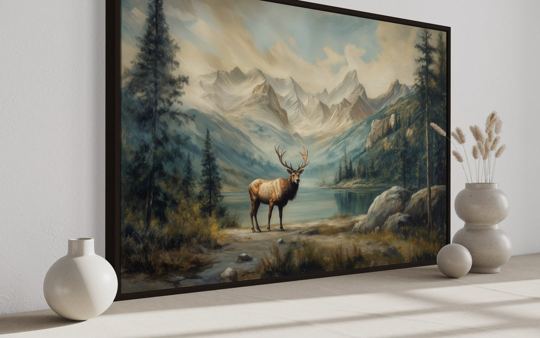 Elk By The Lake In Nature Antique Framed Canvas Wall Art For Cabin Decor