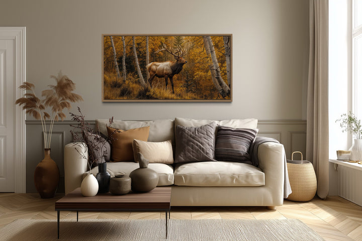 Elk Canvas Wall Art - Autumn Forest Rustic Framed Elk Painting for Cabin Decor
