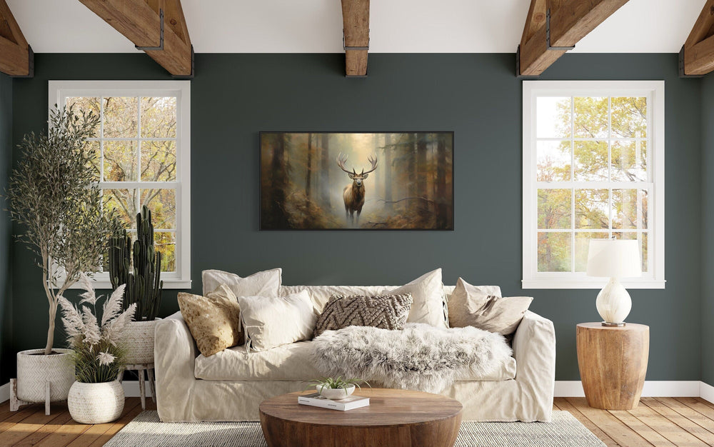 Elk Canvas Wall Art - Large Framed Rustic Cabin Decor With Majestic Forest Scene