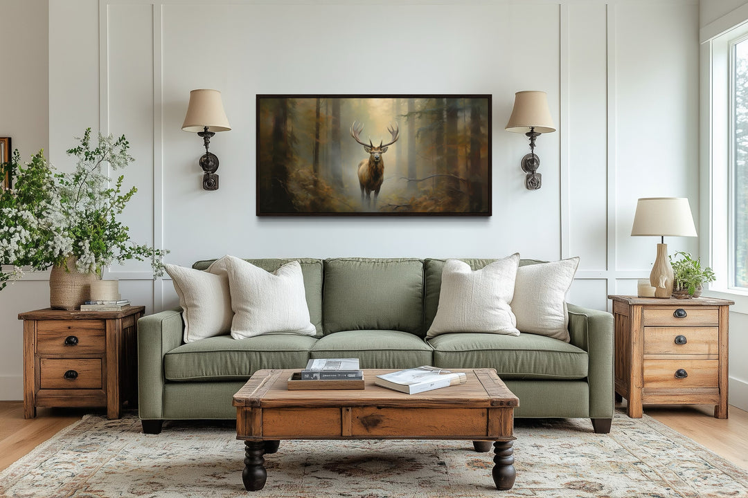 Elk Canvas Wall Art - Large Framed Rustic Cabin Decor With Majestic Forest Scene