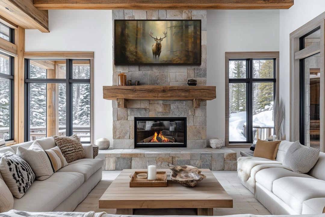 Elk Canvas Wall Art - Large Framed Rustic Cabin Decor With Majestic Forest Scene
