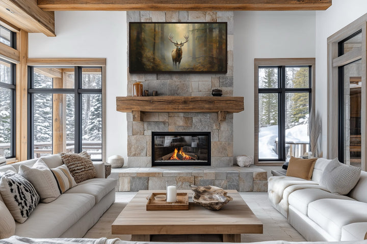 Elk Canvas Wall Art - Large Framed Rustic Cabin Decor With Majestic Forest Scene