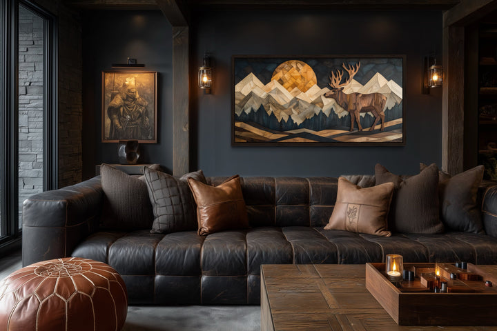 Elk Canvas Wall Art - Rustic Wood Panel Effect Framed Mountain Lodge Print