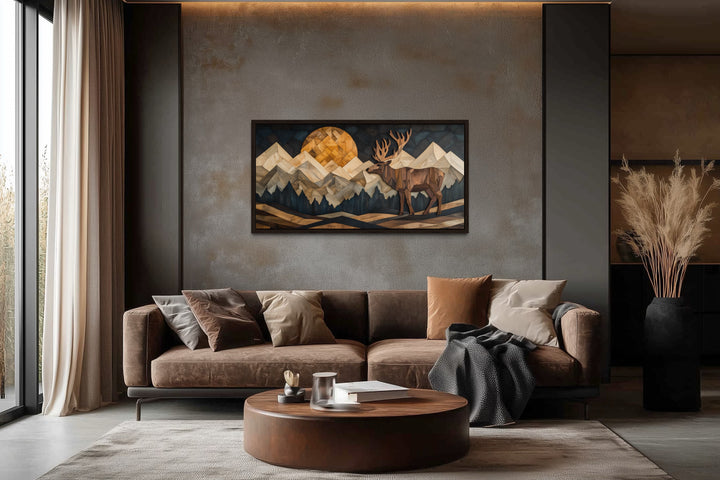 Elk Canvas Wall Art - Rustic Wood Panel Effect Framed Mountain Lodge Print
