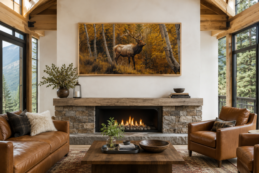 Elk in autumn birch forest framed canvas wall art hanging above a rustic stone fireplace.