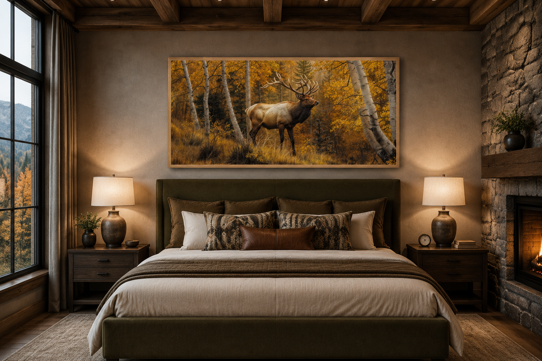 Elk in autumn birch forest framed canvas wall art hanging above a bed in a rustic cabin bedroom.