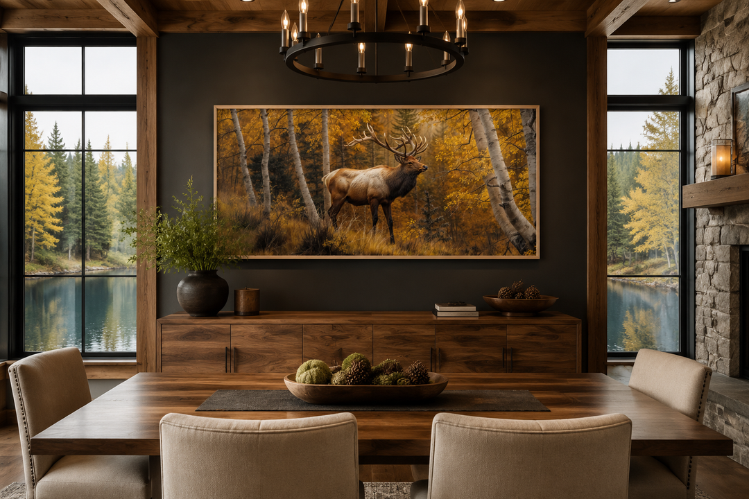 Elk in autumn birch forest framed canvas wall art hanging in a rustic dining room.