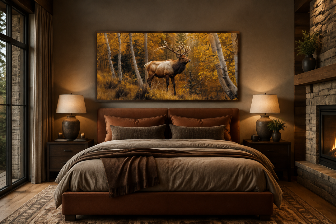 Elk in autumn birch forest framed canvas wall art hanging above a bed in a rustic room.