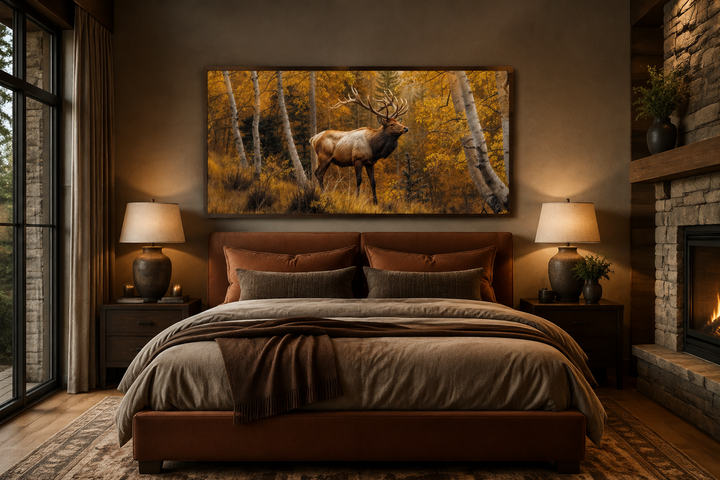 Elk in autumn birch forest framed canvas wall art hanging above a bed in a rustic room.