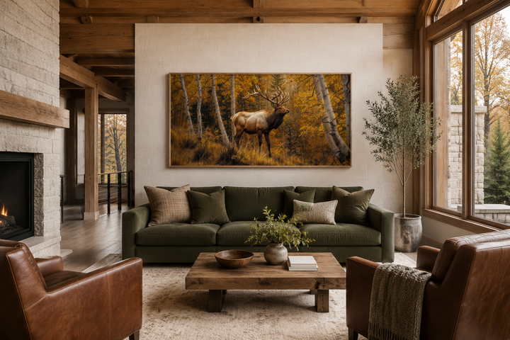 Elk in Autumn Forest rustic framed canvas wall art hanging above a green sofa in a cabin living room