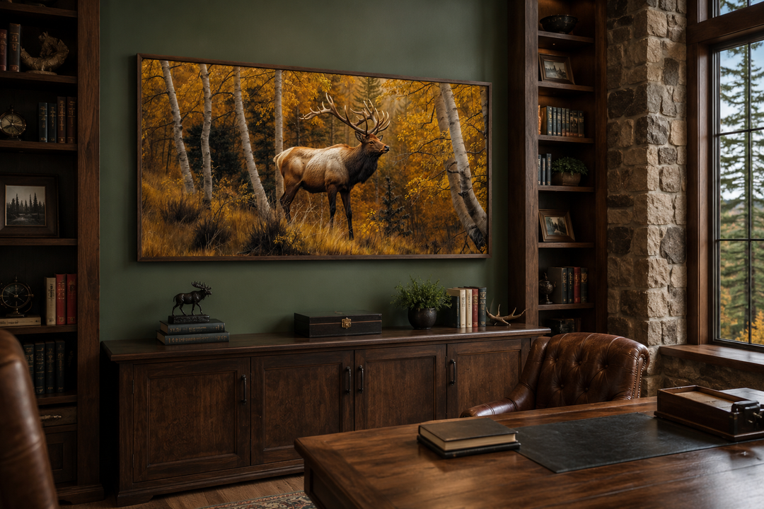 Rustic framed canvas wall art of a majestic elk in a golden autumn birch forest above a sideboard.