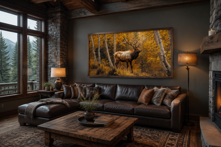 Elk in Autumn Forest framed canvas wall art displayed above a leather sofa in a rustic living room.