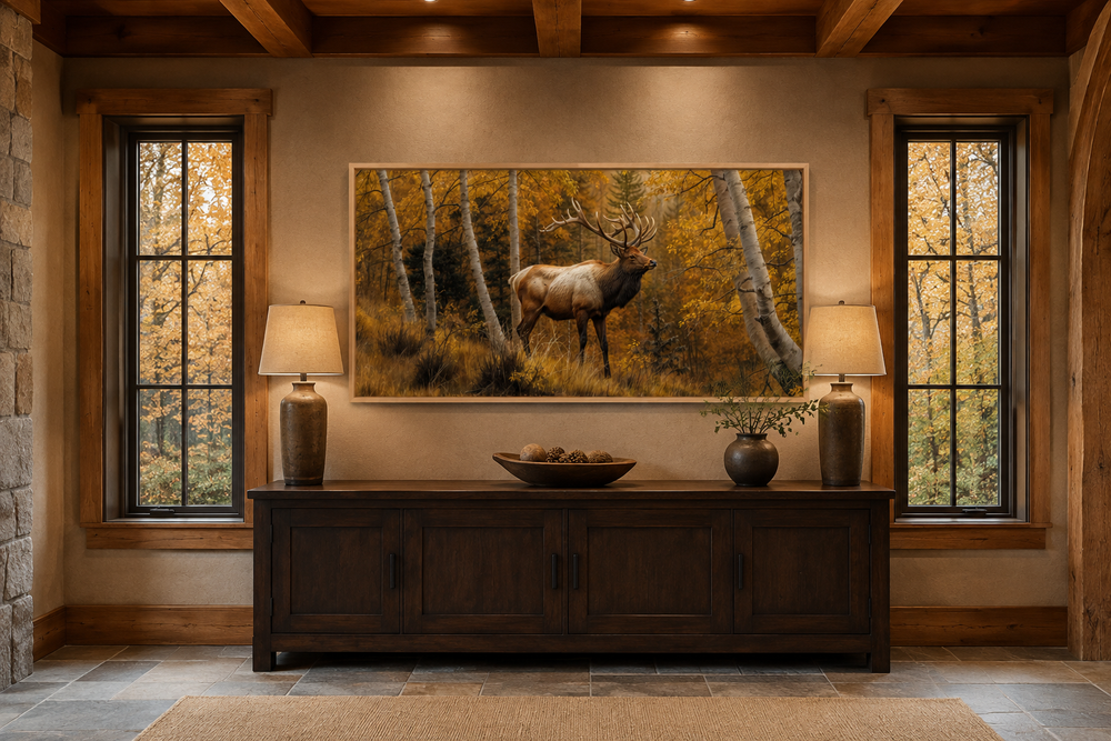 Elk in autumn birch forest framed canvas wall art hanging above a dark wood sideboard in a cabin.