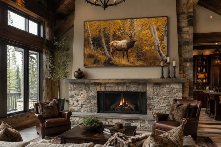Rustic framed canvas wall art of an elk in a golden autumn forest above a stone fireplace.