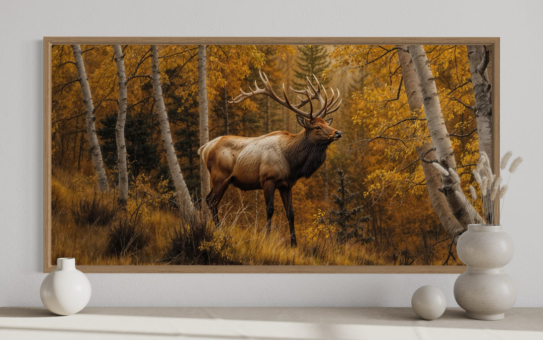 Rustic framed canvas wall art of a majestic elk in a golden autumn birch forest for cabin decor.