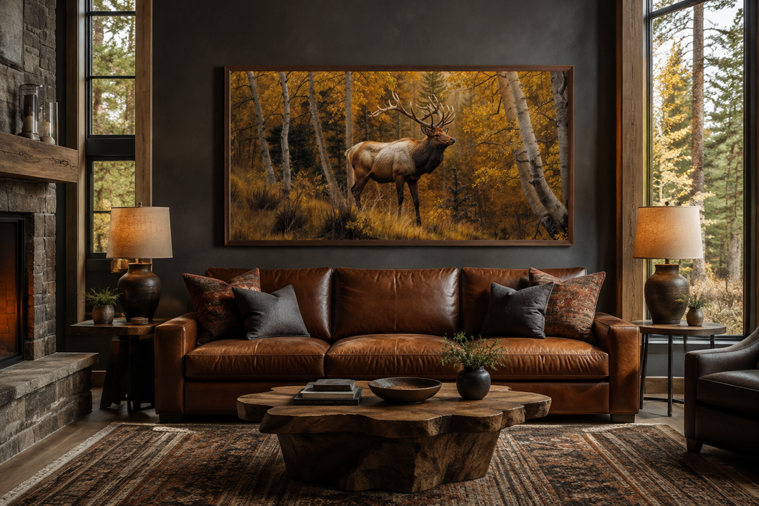 Elk in autumn birch forest framed canvas wall art above a leather sofa in a rustic living room.