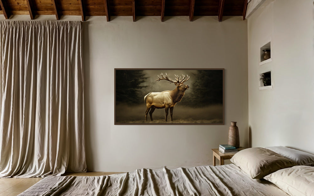 Elk In Dark Foggy Forest Framed Canvas Wall Art For Cabin Decor in bedroom