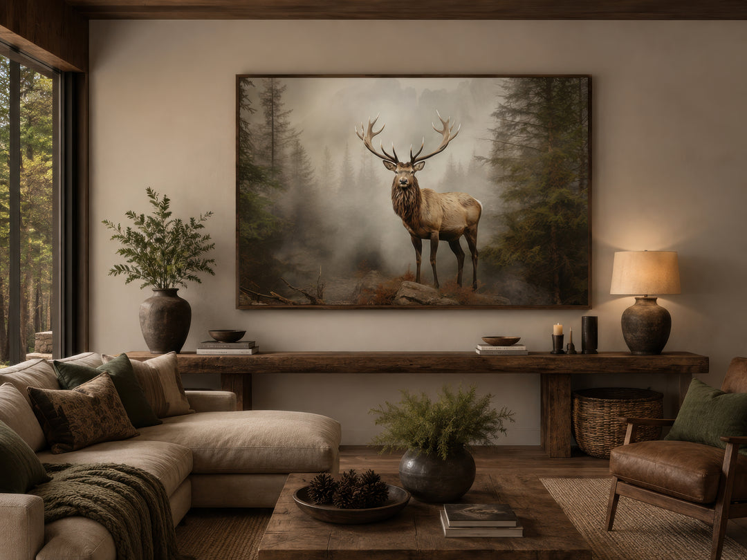 Elk painting in a misty fir tree forest, rustic wildlife wall art for cabin decor.