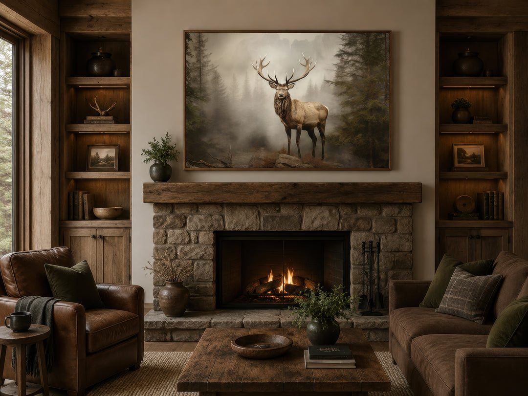 Elk painting in a misty fir forest, framed above a stone fireplace in a rustic cabin living room.