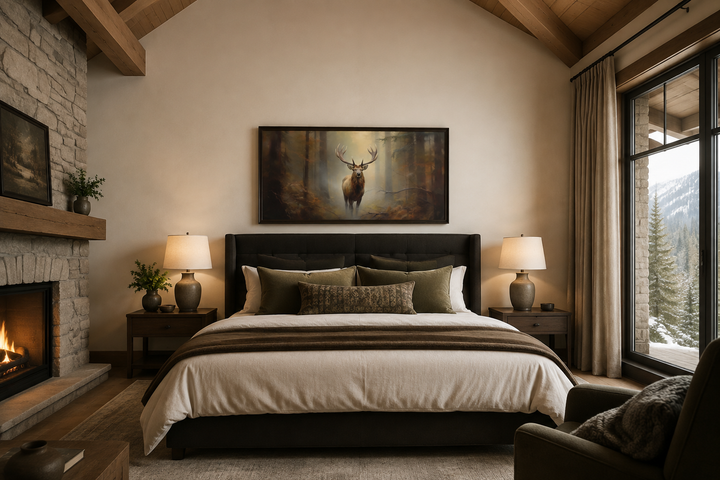 Large framed canvas wall art of a majestic elk in a foggy forest above a bed in a rustic bedroom.