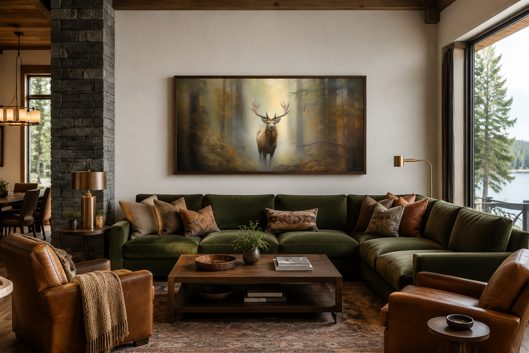 Large framed canvas wall art of a majestic elk in a foggy forest above a green sectional sofa.