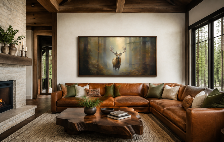 Large framed canvas wall art of a majestic elk in a foggy forest above a brown leather sofa.