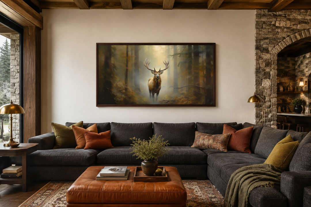 Large framed canvas wall art of a majestic elk in a foggy forest above a dark sectional sofa.