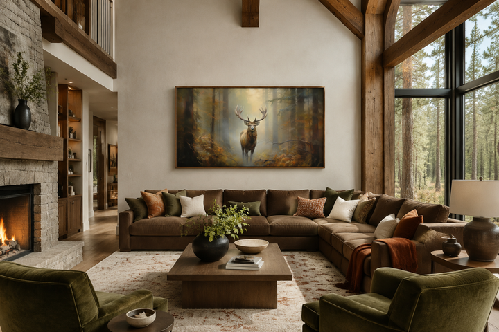 Large framed canvas wall art of a majestic elk in a foggy forest above a brown sectional sofa.