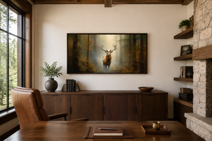 Large framed canvas wall art of a majestic elk in a foggy forest, hung in a rustic office.