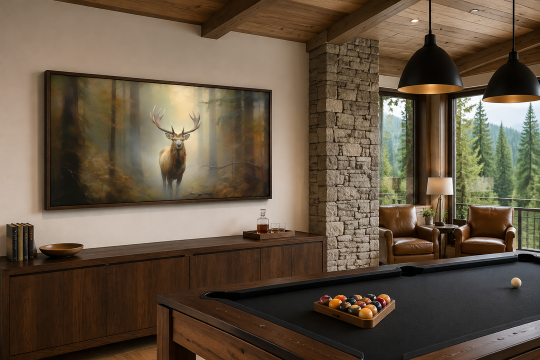 Large framed canvas wall art of a majestic elk in a foggy forest, hung in a rustic cabin game room.