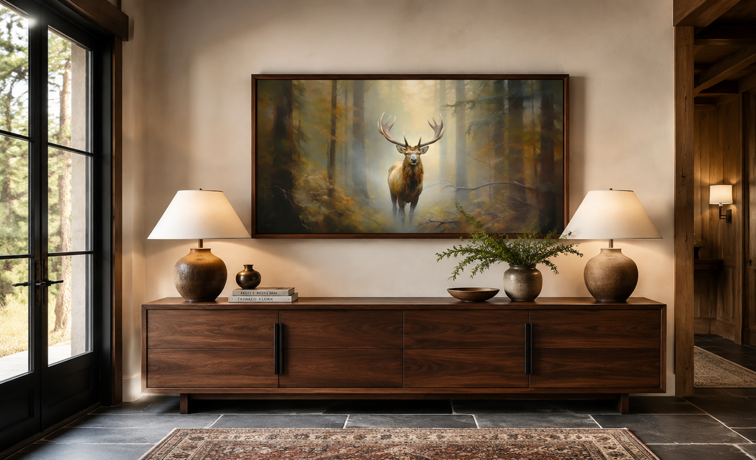 Large framed canvas wall art of a majestic elk in a foggy forest above a wooden sideboard.