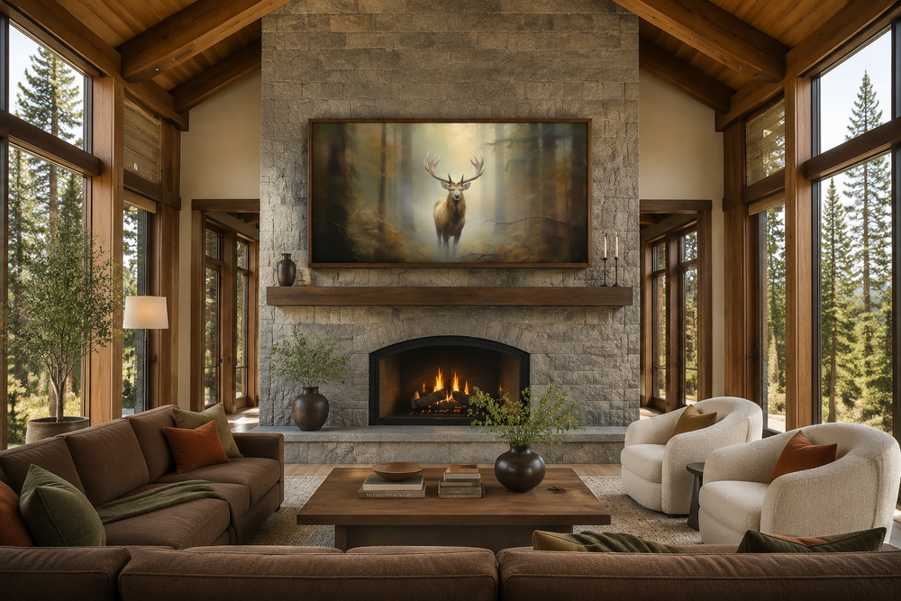 Large framed canvas wall art of a majestic elk in a foggy forest above a stone fireplace.