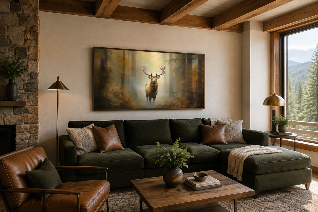 Large framed canvas wall art of a majestic elk in a foggy forest above a green sofa in a cabin.