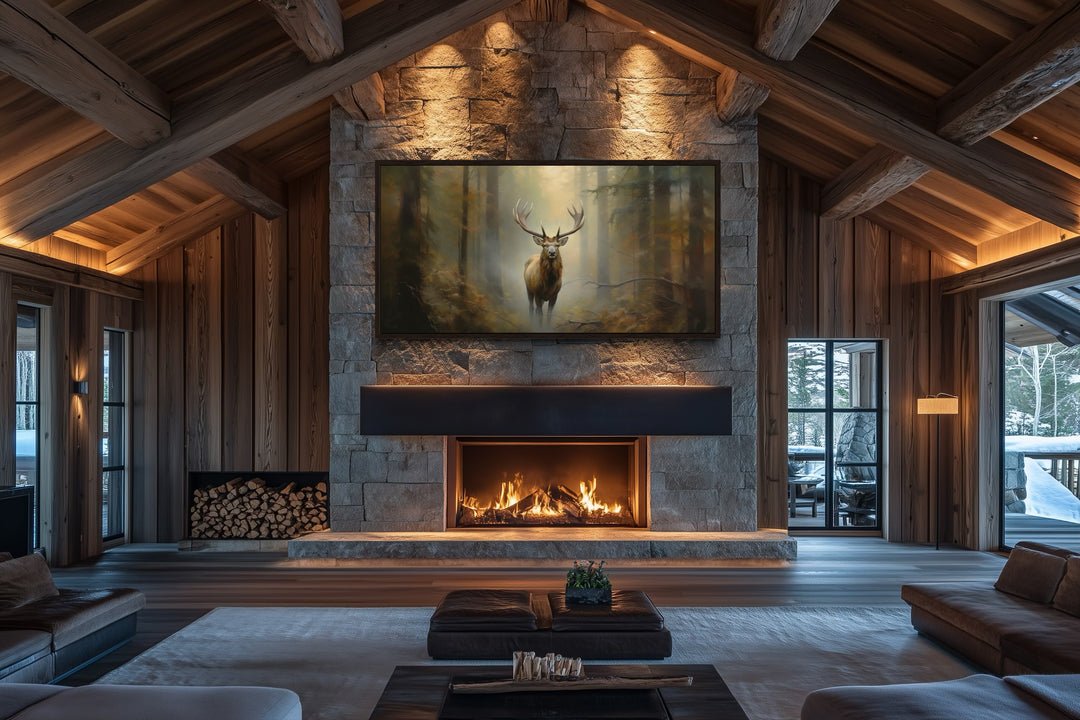 Large framed canvas wall art of a majestic elk in a foggy forest above a rustic stone fireplace.